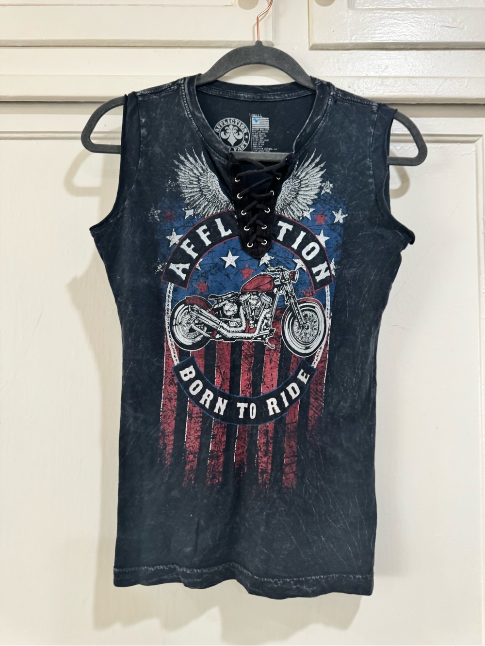Affliction Black Lace-Up 'Born to Ride' Tank Top with Red & Blue Graphic